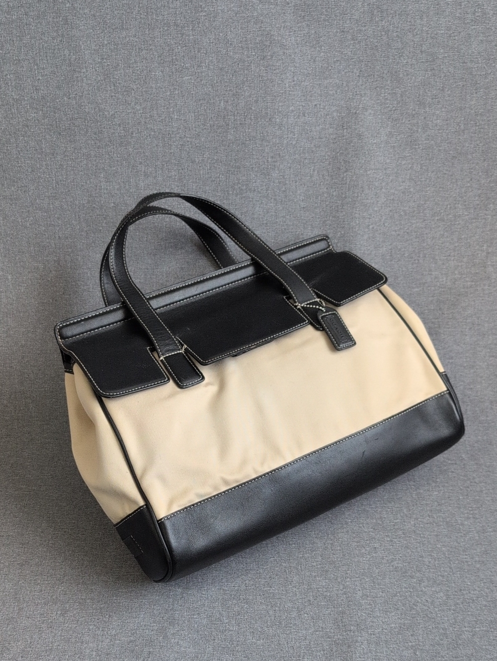 Coach Two-Tone Black and Beige Leather-Trim Satchel